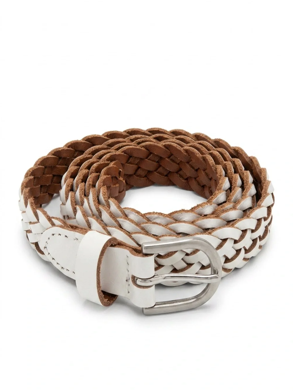 Braided White and Brown Leather Belt - women